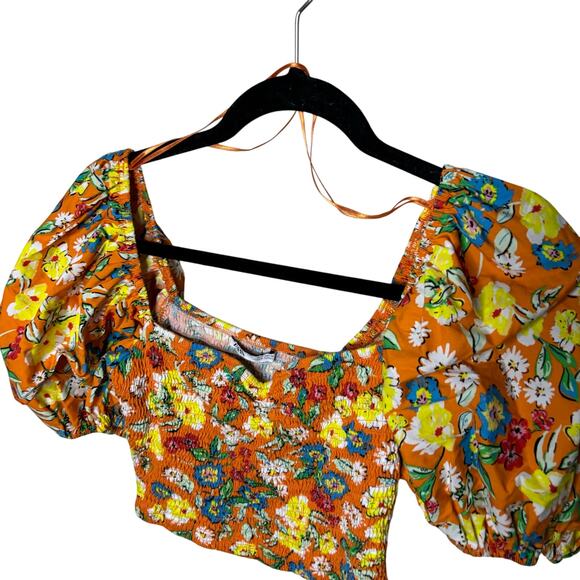 ZARA Floral Orange Crop Top Puffy Sleeve Women's Size Large - Picture 3 of 9